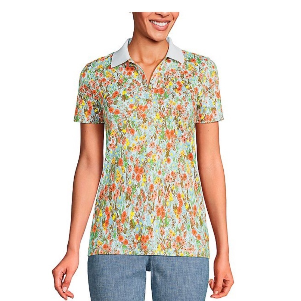 Lands' End Women's Supima Cotton Polo Shirt - M - White Field Floral